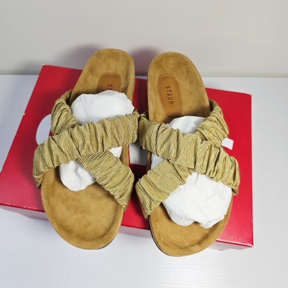 NWB STAUD Tan Ruching Criss Crossing Straps Women's Slip On Sandals Size 38 - Picture 6 of 9